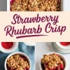 Strawberry rhubarb crisp in a white baking dish with toasted oat topping, with two smaller ramekins each holding individual servings of the crisp on a blue napkin and white background.