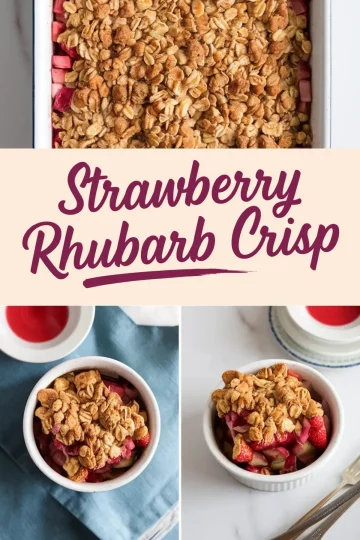 Strawberry rhubarb crisp in a white baking dish with toasted oat topping, with two smaller ramekins each holding individual servings of the crisp on a blue napkin and white background.