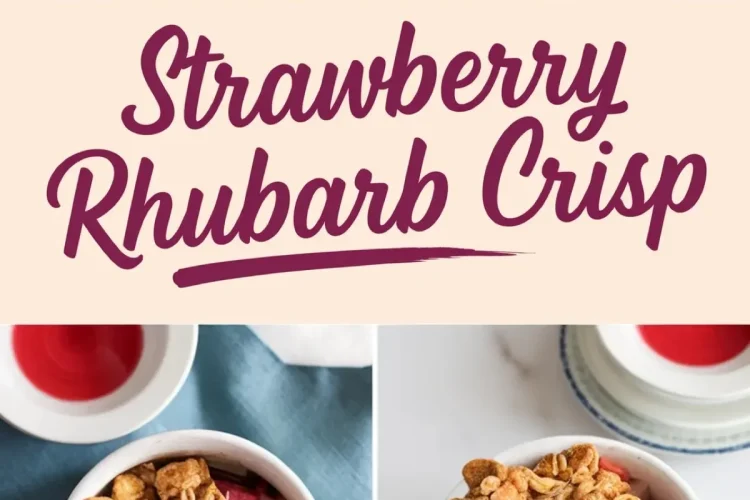 Strawberry rhubarb crisp in a white baking dish with toasted oat topping, with two smaller ramekins each holding individual servings of the crisp on a blue napkin and white background.