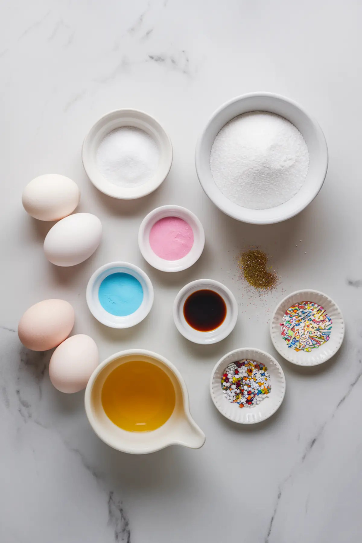 Flat lay of unicorn poop cookie ingredients, including eggs, sugar, pink and blue food coloring, vanilla extract, sprinkles, and edible glitter, arranged in small bowls on a white marble surface.
