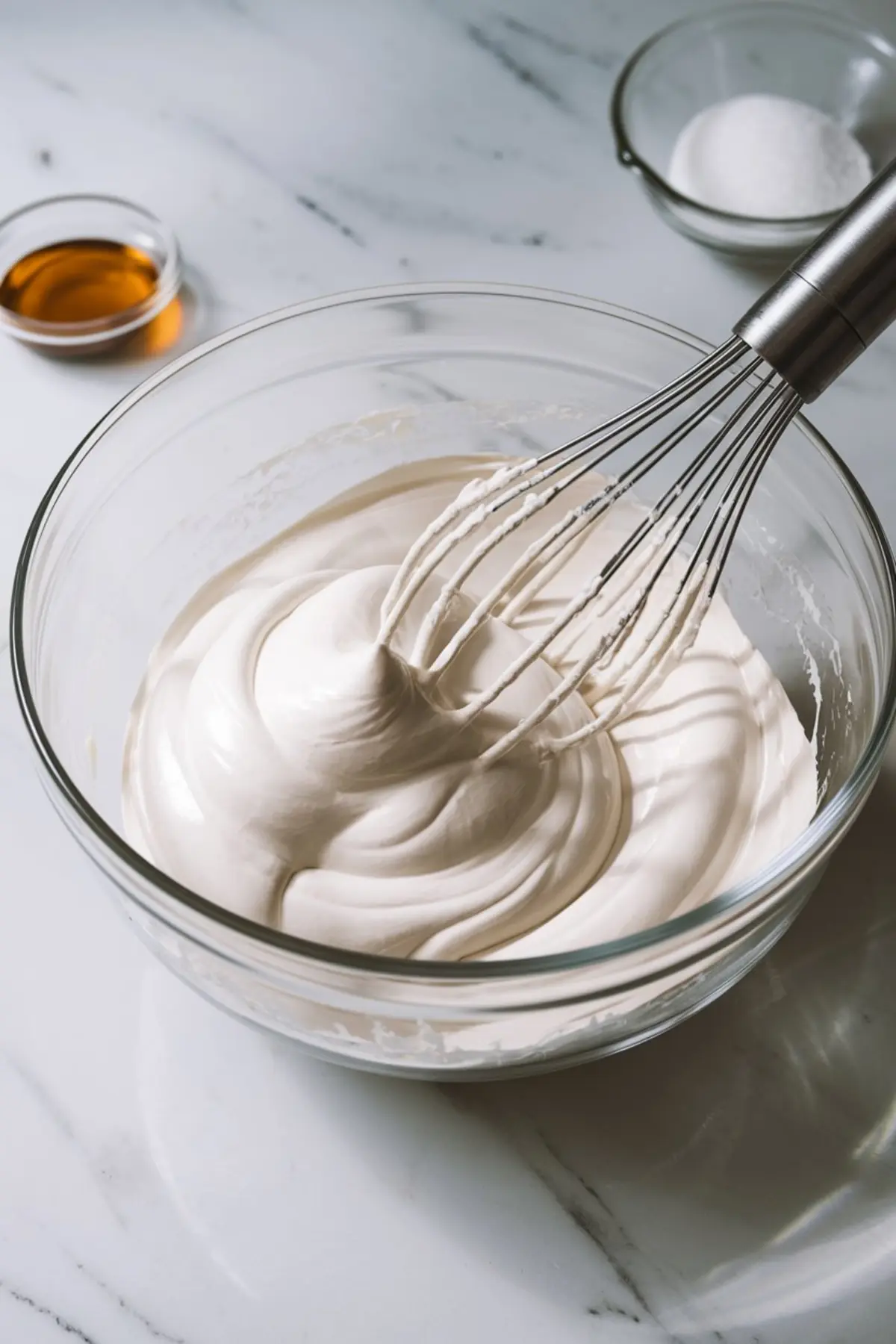 Glass bowl of whipped meringue mixture with a metal whisk resting on the side, ready for making unicorn poop cookies, with bowls of sugar and vanilla extract in the background on a marble countertop.
