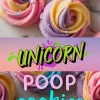 Colorful swirl-shaped unicorn poop cookies with rainbow pastel colors like pink, blue, purple, and yellow, decorated with tiny star and pearl sprinkles on a marble background. Text overlay reads “Unicorn Poop Cookies” in bright playful fonts.