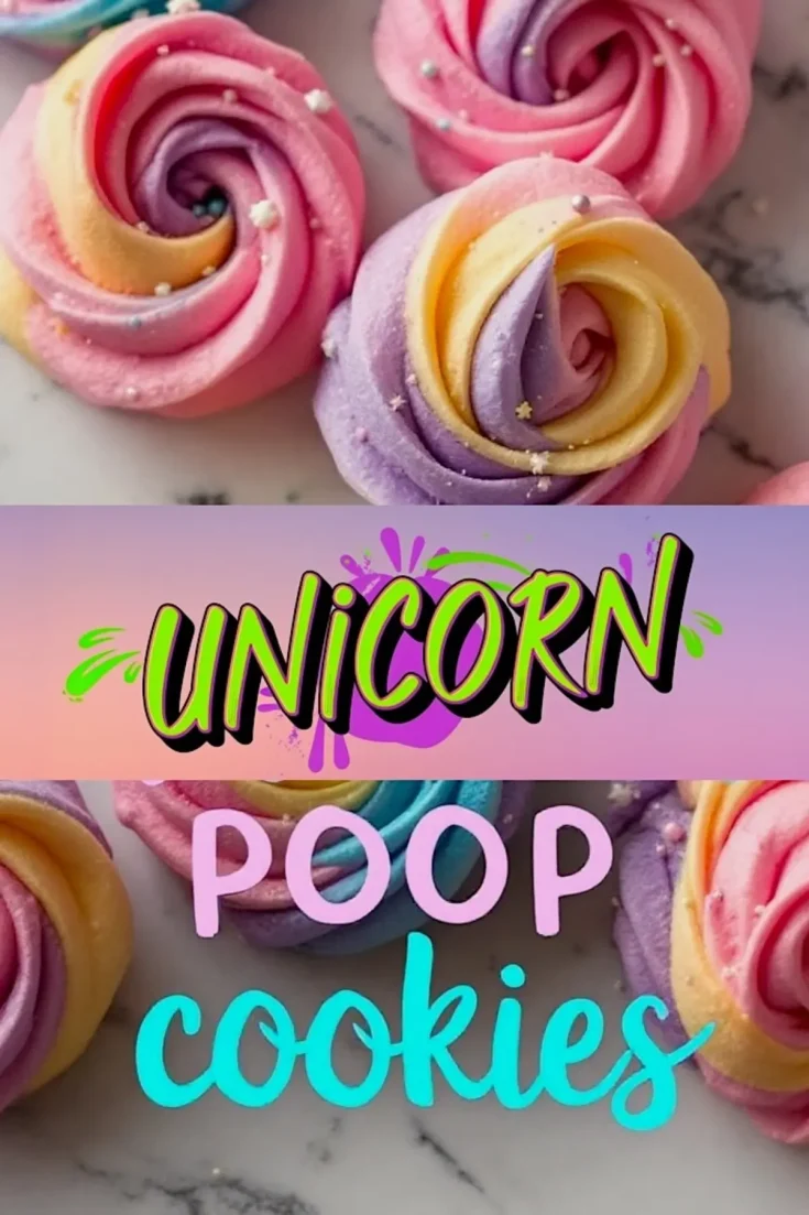 Colorful swirl-shaped unicorn poop cookies with rainbow pastel colors like pink, blue, purple, and yellow, decorated with tiny star and pearl sprinkles on a marble background. Text overlay reads “Unicorn Poop Cookies” in bright playful fonts.