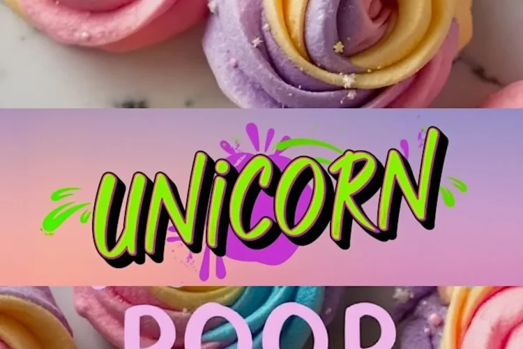 Colorful swirl-shaped unicorn poop cookies with rainbow pastel colors like pink, blue, purple, and yellow, decorated with tiny star and pearl sprinkles on a marble background. Text overlay reads “Unicorn Poop Cookies” in bright playful fonts.