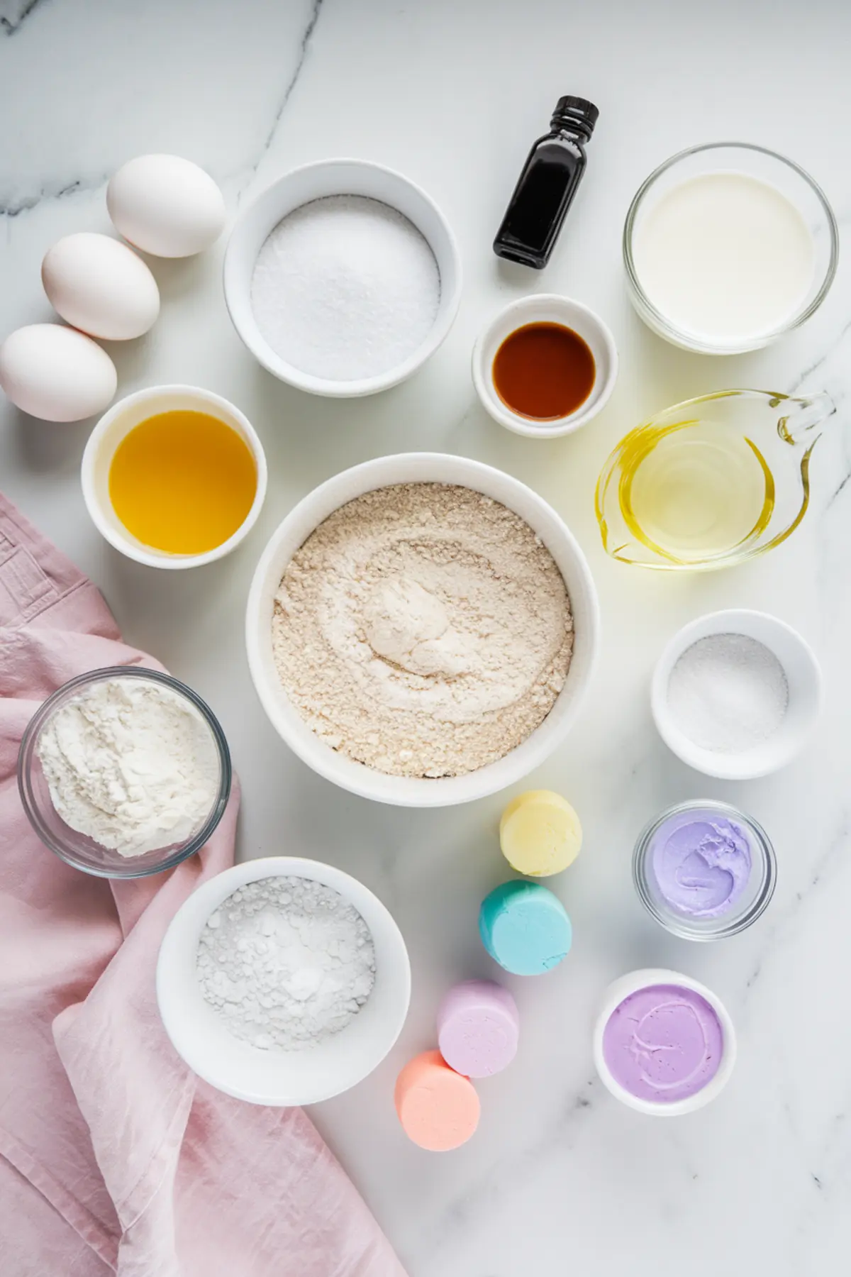 A flat-lay of cake ingredients on a white marble surface, including eggs, flour, sugar, vanilla extract, milk, oil, and food coloring in pastel shades of blue, pink, yellow, and purple. Small bowls and a pink cloth napkin surround the ingredients.