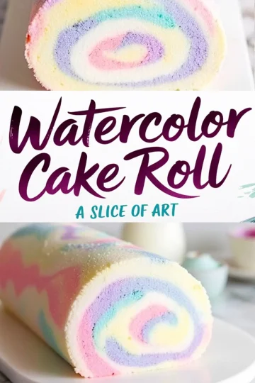 A close-up of a pastel watercolor cake roll with a swirl pattern of pink, blue, yellow, and purple. The smooth sponge exterior is dusted with powdered sugar. A text overlay reads “Watercolor Cake Roll - A Slice of Art.”