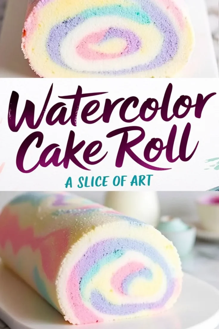 A close-up of a pastel watercolor cake roll with a swirl pattern of pink, blue, yellow, and purple. The smooth sponge exterior is dusted with powdered sugar. A text overlay reads “Watercolor Cake Roll - A Slice of Art.”