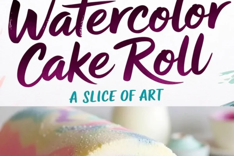 A close-up of a pastel watercolor cake roll with a swirl pattern of pink, blue, yellow, and purple. The smooth sponge exterior is dusted with powdered sugar. A text overlay reads “Watercolor Cake Roll - A Slice of Art.”