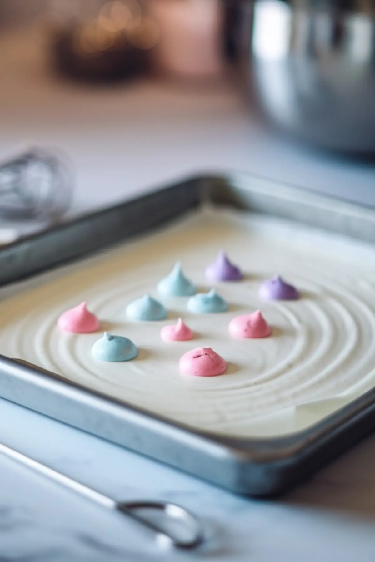 A baking sheet lined with cake batter, featuring small dollops of pastel-colored batter in pink, blue, and purple. A piping tool is resting nearby on a blurred kitchen countertop.