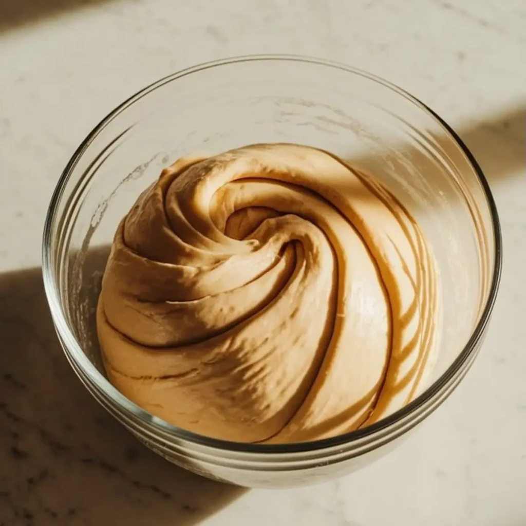 Swirled enriched dough in a glass bowl on a marble surface, showing a smooth, elastic texture ideal for cinnamon rolls or sweet bread recipes.