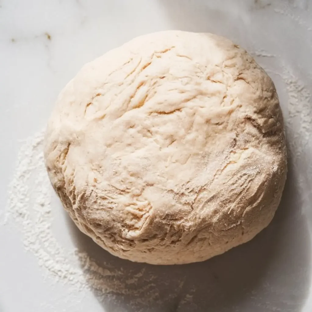 Ball of proofed dough on a floured marble surface, with visible air pockets and a rustic texture, prepared for baking soft, fluffy bread or pastries.