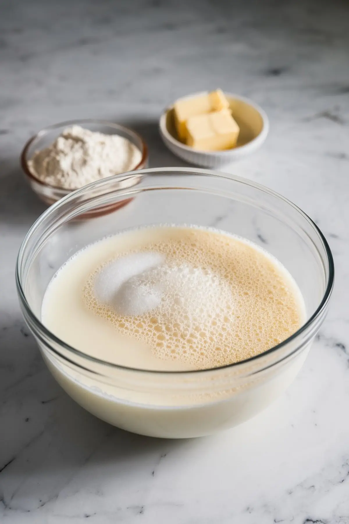 Glass bowl filled with warm milk, sugar, and yeast mixture, with small bowls of flour and cubed butter in the background, all set on a marble countertop.