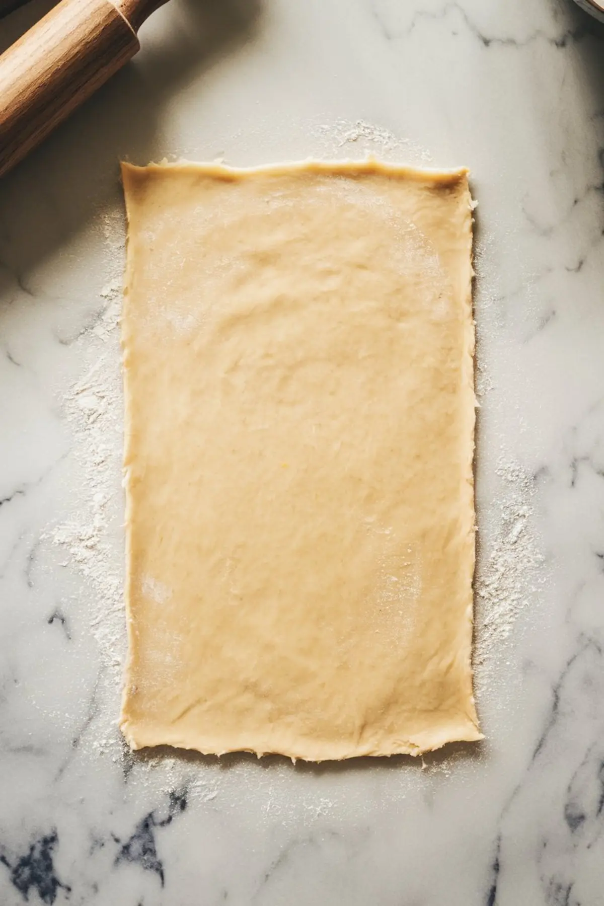 Rolled-out dough in a rectangular shape on a floured marble surface, ready for filling and shaping into rolls or pastries.