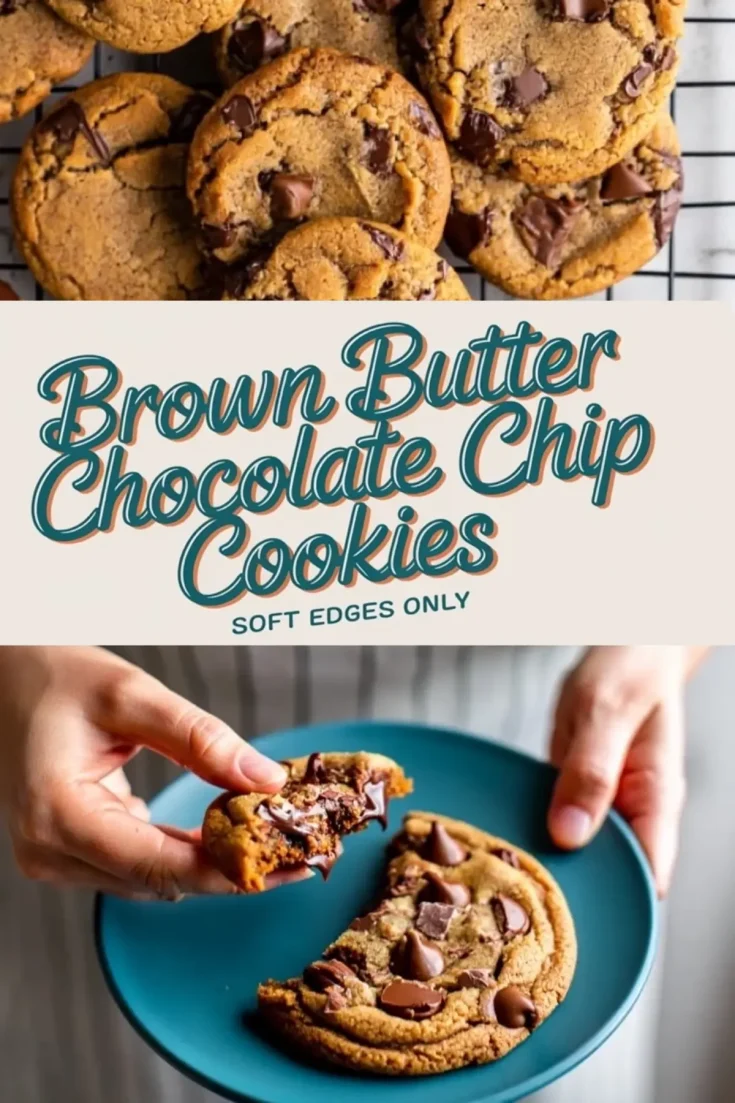 Stacked brown butter chocolate chip cookies on a cooling rack with gooey chocolate chunks, a soft beige title graphic in the center reading “Brown Butter Chocolate Chip Cookies,” and a close-up of hands pulling apart a freshly baked cookie on a blue plate with melted chocolate chips inside.