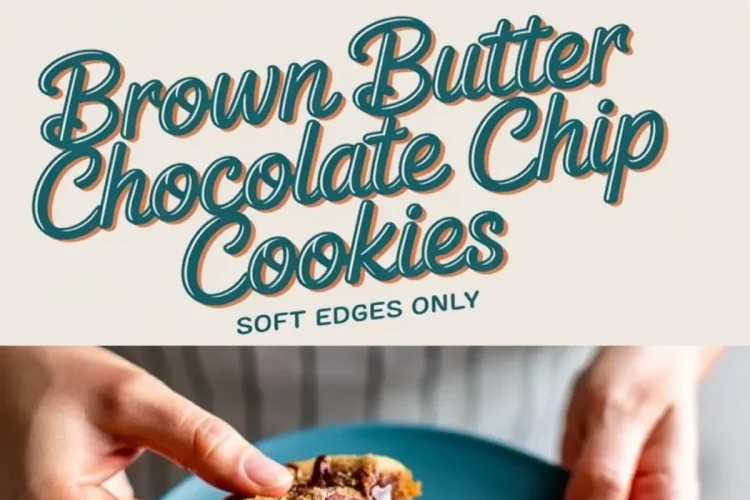 Stacked brown butter chocolate chip cookies on a cooling rack with gooey chocolate chunks, a soft beige title graphic in the center reading “Brown Butter Chocolate Chip Cookies,” and a close-up of hands pulling apart a freshly baked cookie on a blue plate with melted chocolate chips inside.