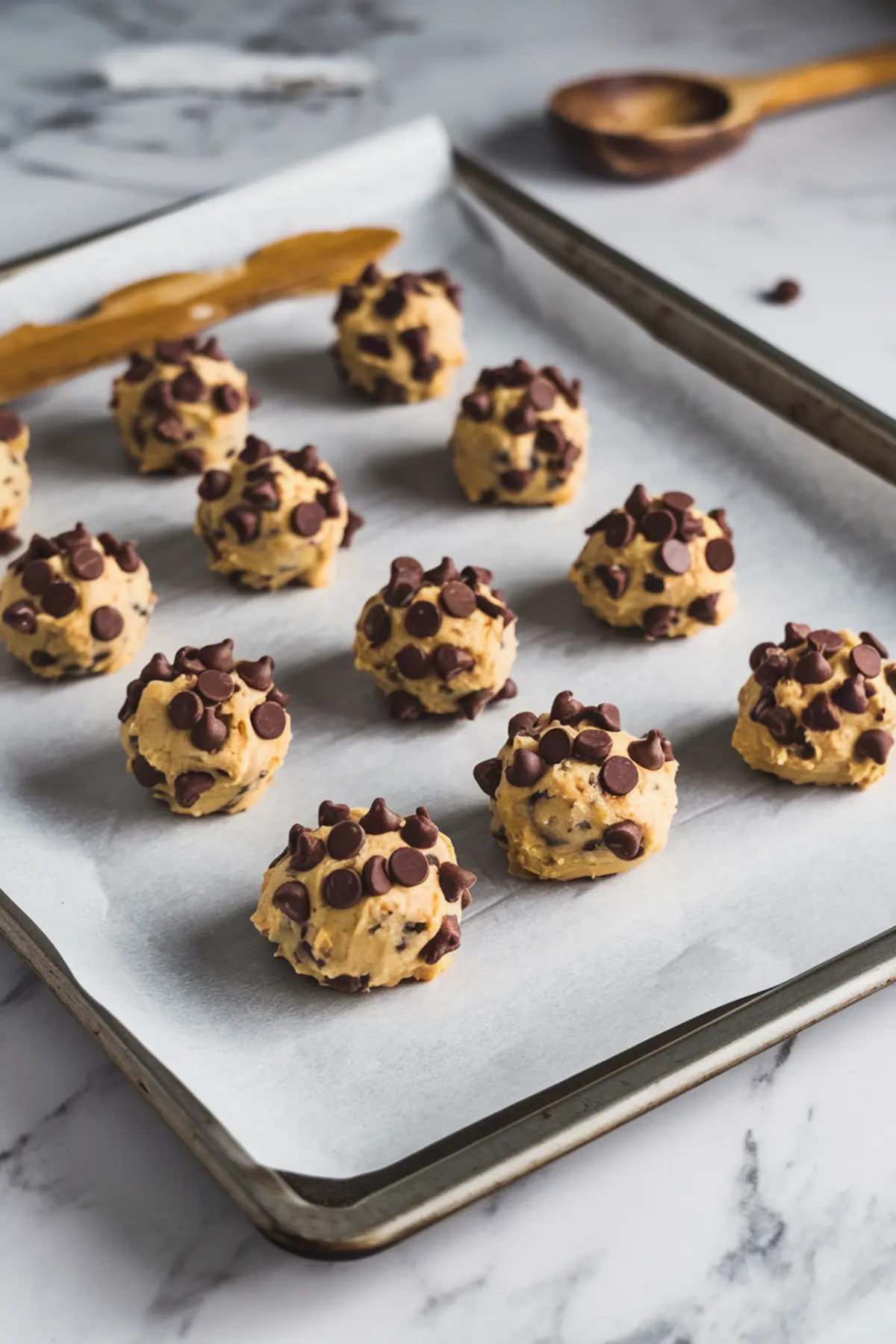 Raw brown butter chocolate chip cookie dough scoops topped with chocolate chips, arranged neatly on parchment-lined baking tray, ready for the oven.
