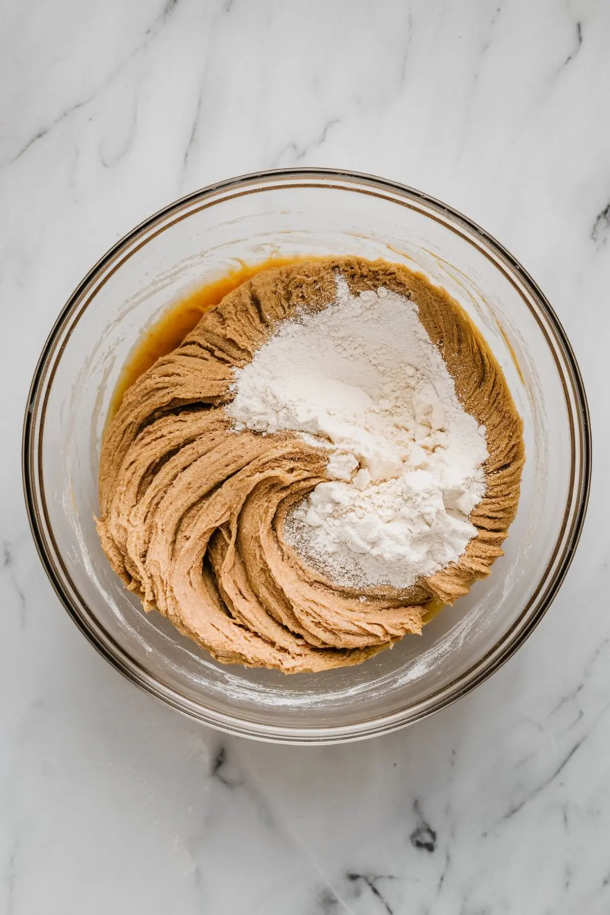Flat lay of brown butter chocolate chip cookie ingredients on a marble countertop, including eggs, flour, sugar, brown sugar, chocolate chips, vanilla extract, and browned butter in glass bowls.