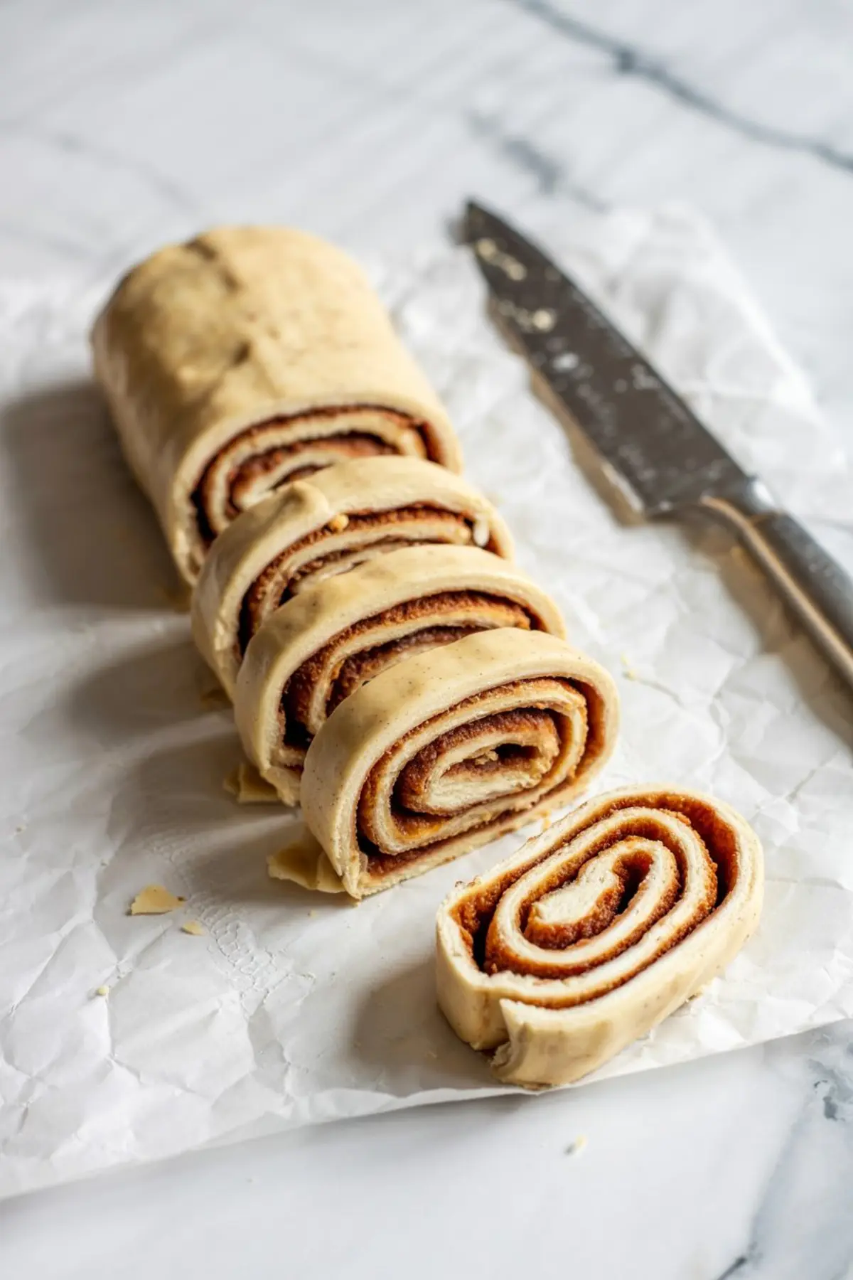 Rolled cinnamon dough log sliced into thick spirals, revealing swirls of cinnamon sugar filling inside soft, unbaked pastry layers, set on parchment with a knife on the side.