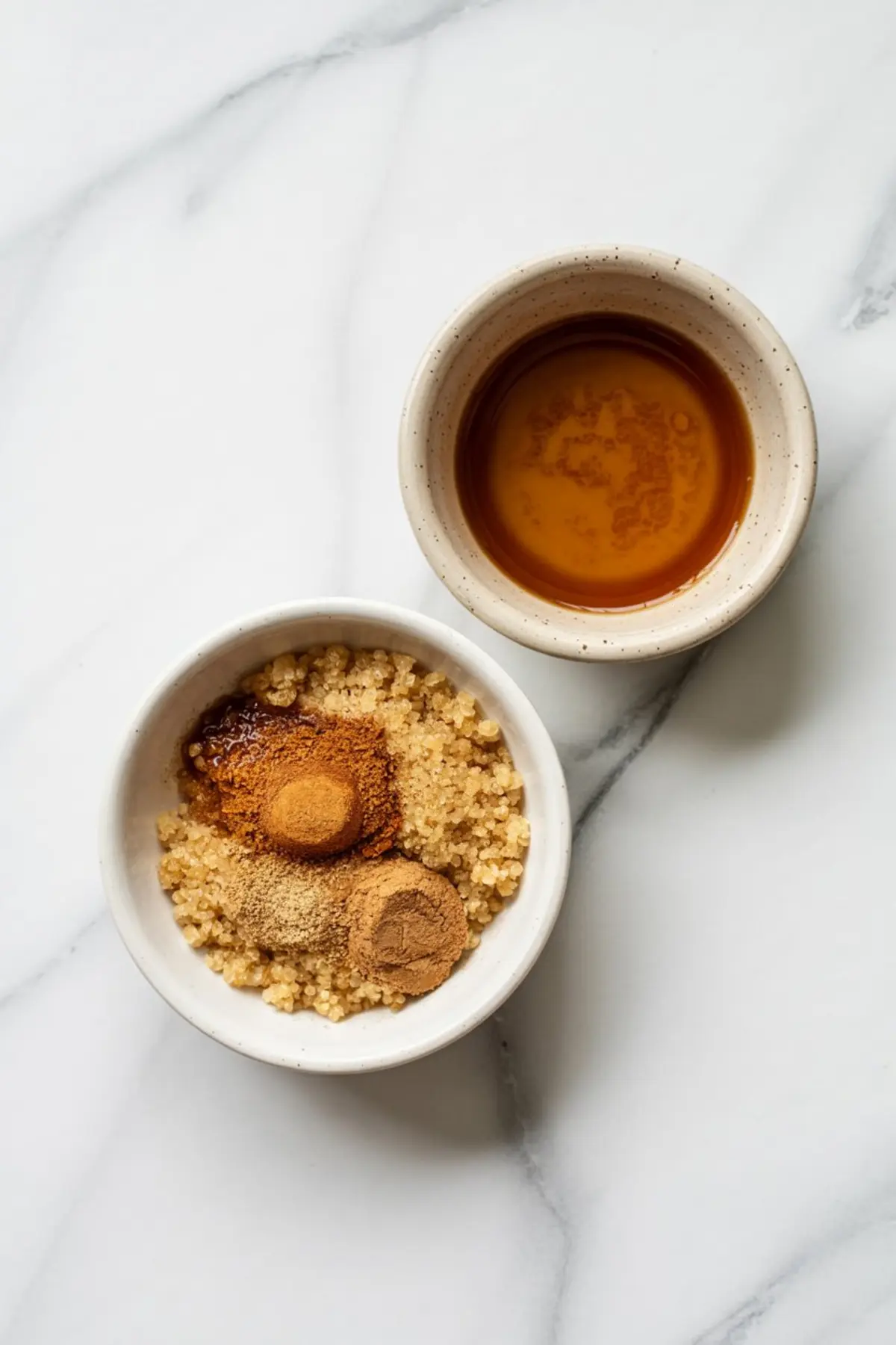 Two small ceramic bowls on a marble surface, one filled with coarse brown sugar and ground spices like cinnamon, ginger, and nutmeg, the other containing golden melted butter.