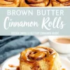 Collage showing soft brown butter cinnamon rolls; top features a close-up of gooey rolls in a pan with caramel drizzle, and bottom shows a single roll on a white plate, topped with glossy caramel sauce next to a cup of cinnamon glaze.