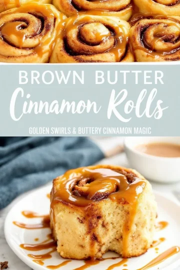 Collage showing soft brown butter cinnamon rolls; top features a close-up of gooey rolls in a pan with caramel drizzle, and bottom shows a single roll on a white plate, topped with glossy caramel sauce next to a cup of cinnamon glaze.