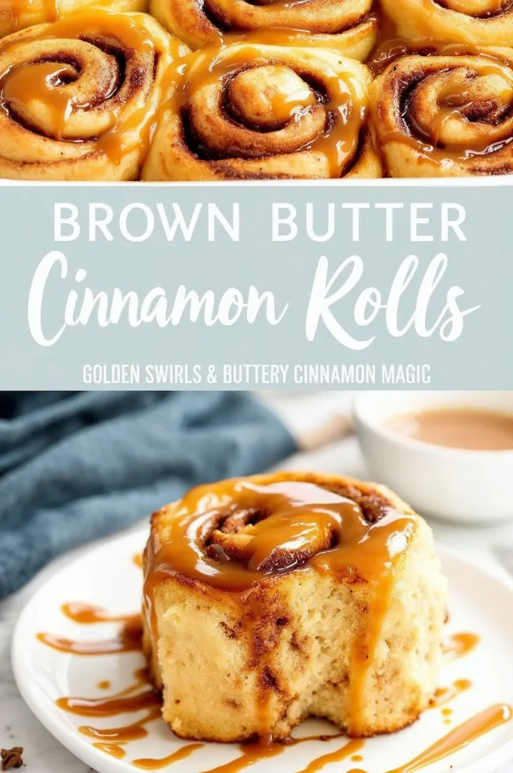 Collage showing soft brown butter cinnamon rolls; top features a close-up of gooey rolls in a pan with caramel drizzle, and bottom shows a single roll on a white plate, topped with glossy caramel sauce next to a cup of cinnamon glaze.
