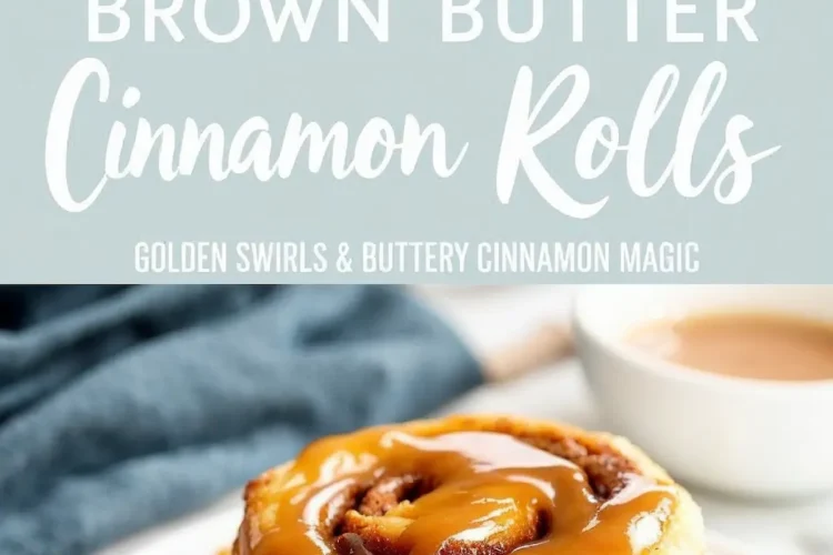 Collage showing soft brown butter cinnamon rolls; top features a close-up of gooey rolls in a pan with caramel drizzle, and bottom shows a single roll on a white plate, topped with glossy caramel sauce next to a cup of cinnamon glaze.
