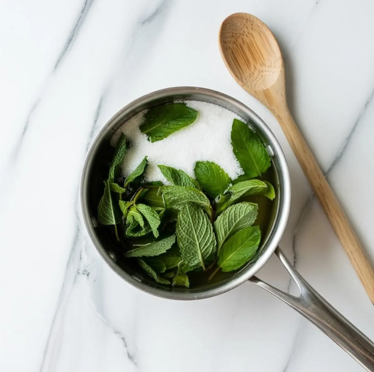 Overhead shot of a small pot filled with fresh mint leaves and granulated sugar steeping in liquid, placed next to a wooden spoon on a marble surface.