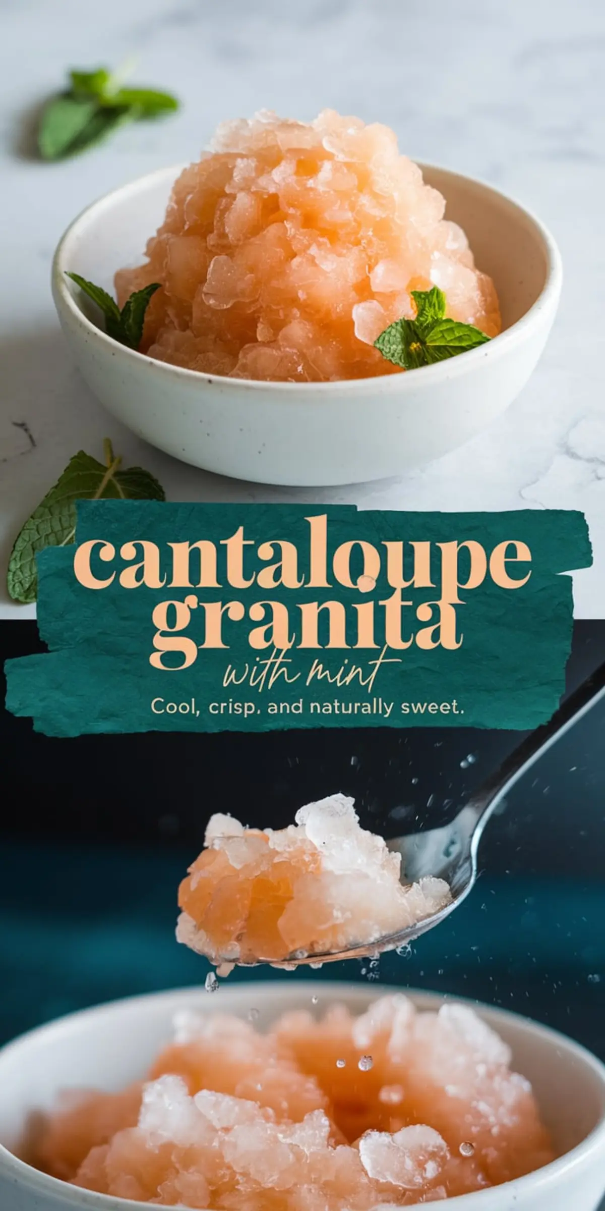 Collage with a bowl of pale orange cantaloupe granita garnished with mint leaves, a bold text overlay reading “cantaloupe granita with mint,” and a spoon holding a glistening scoop above the bowl.