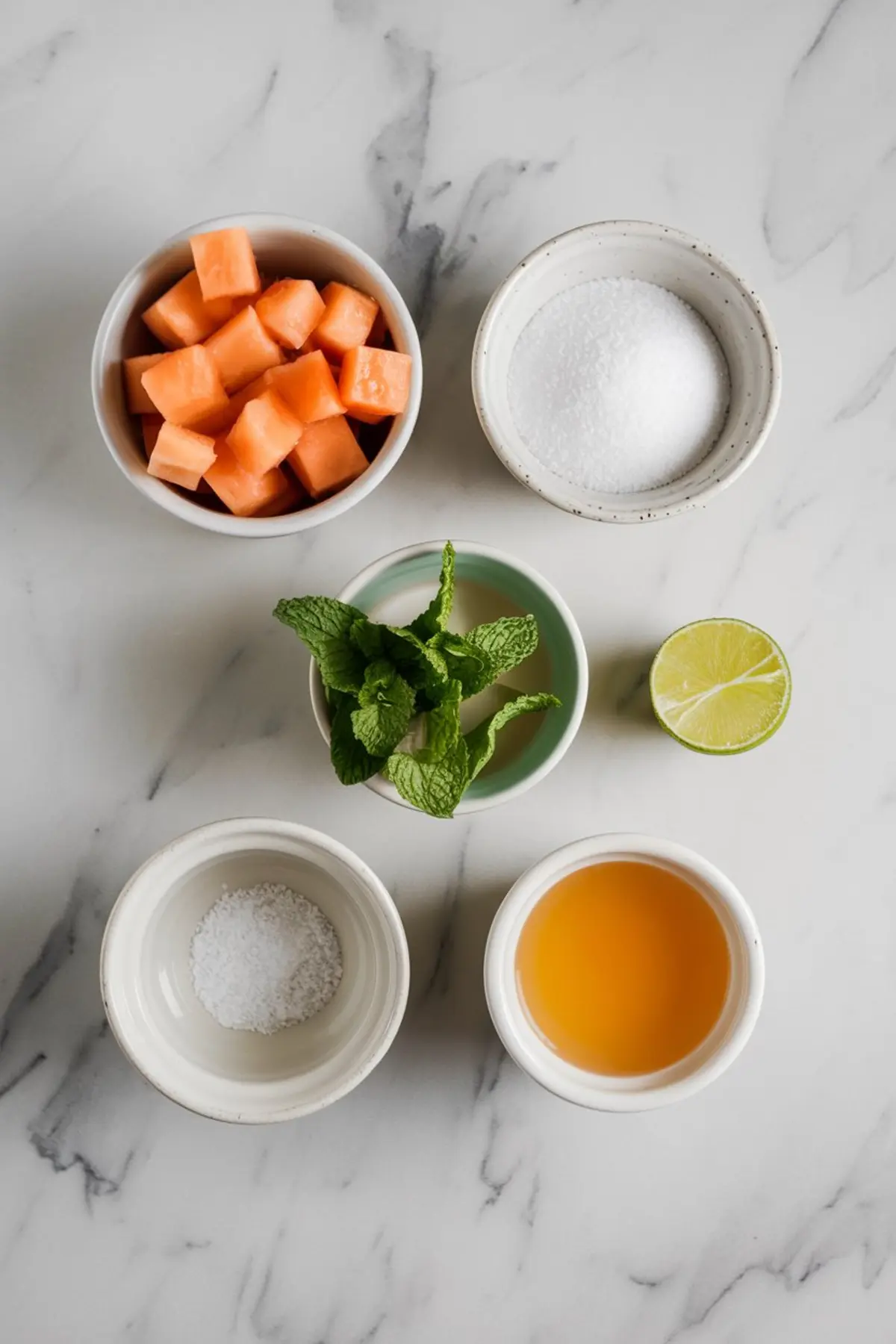 Overhead shot of cantaloupe granita ingredients on a marble surface, including cubed cantaloupe, sugar, mint leaves, lime half, salt, and orange juice in small bowls.