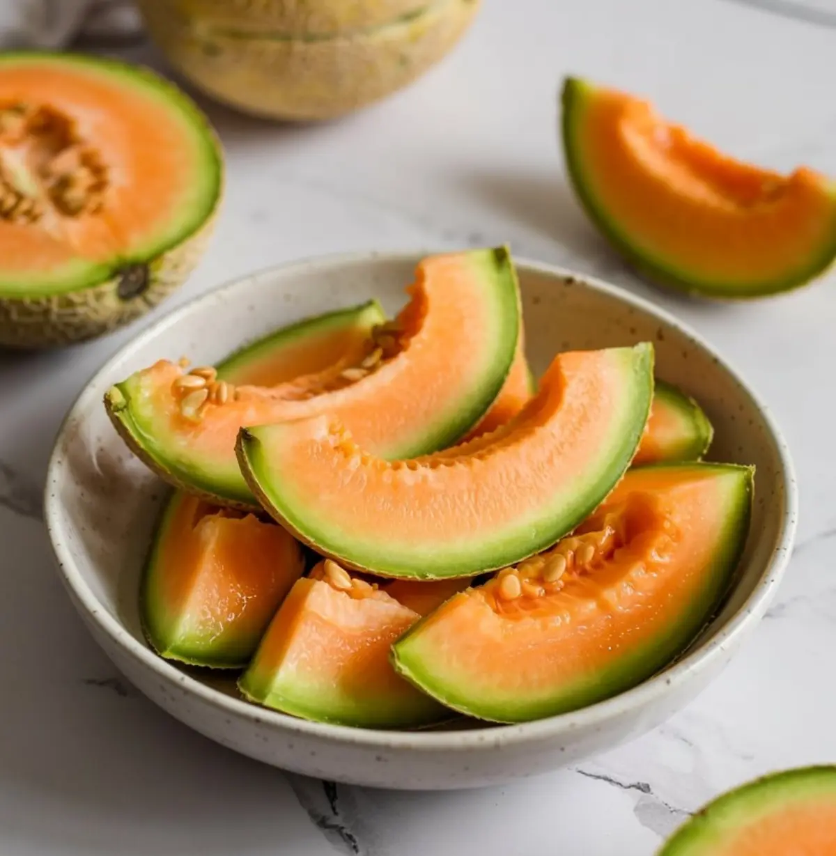 Ceramic bowl filled with cantaloupe wedges showing orange flesh and green rind, surrounded by additional melon slices on a marble countertop.