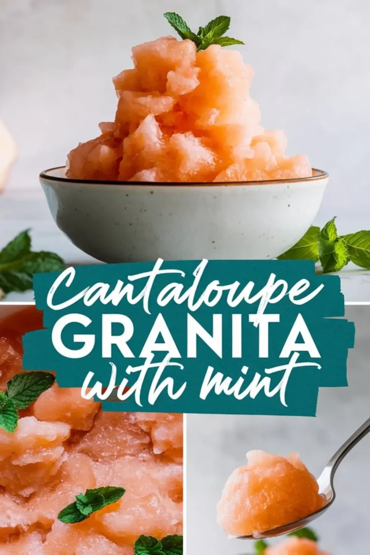 Collage showing cantaloupe granita served in a ceramic bowl topped with fresh mint, close-up of the granita texture with mint leaves, and a spoonful of granita held above the bowl.