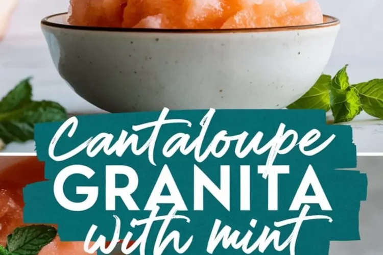 Collage showing cantaloupe granita served in a ceramic bowl topped with fresh mint, close-up of the granita texture with mint leaves, and a spoonful of granita held above the bowl.