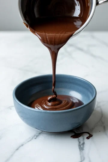 A stream of glossy melted chocolate is being poured from a metal saucepan into a matte blue ceramic bowl on a white marble countertop.