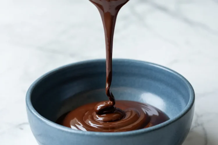 A stream of glossy melted chocolate is being poured from a metal saucepan into a matte blue ceramic bowl on a white marble countertop.