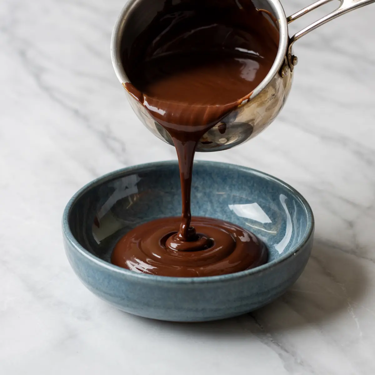 Melted chocolate flows smoothly from a small saucepan into a shallow blue dish, creating rich swirls on a light marble surface.
