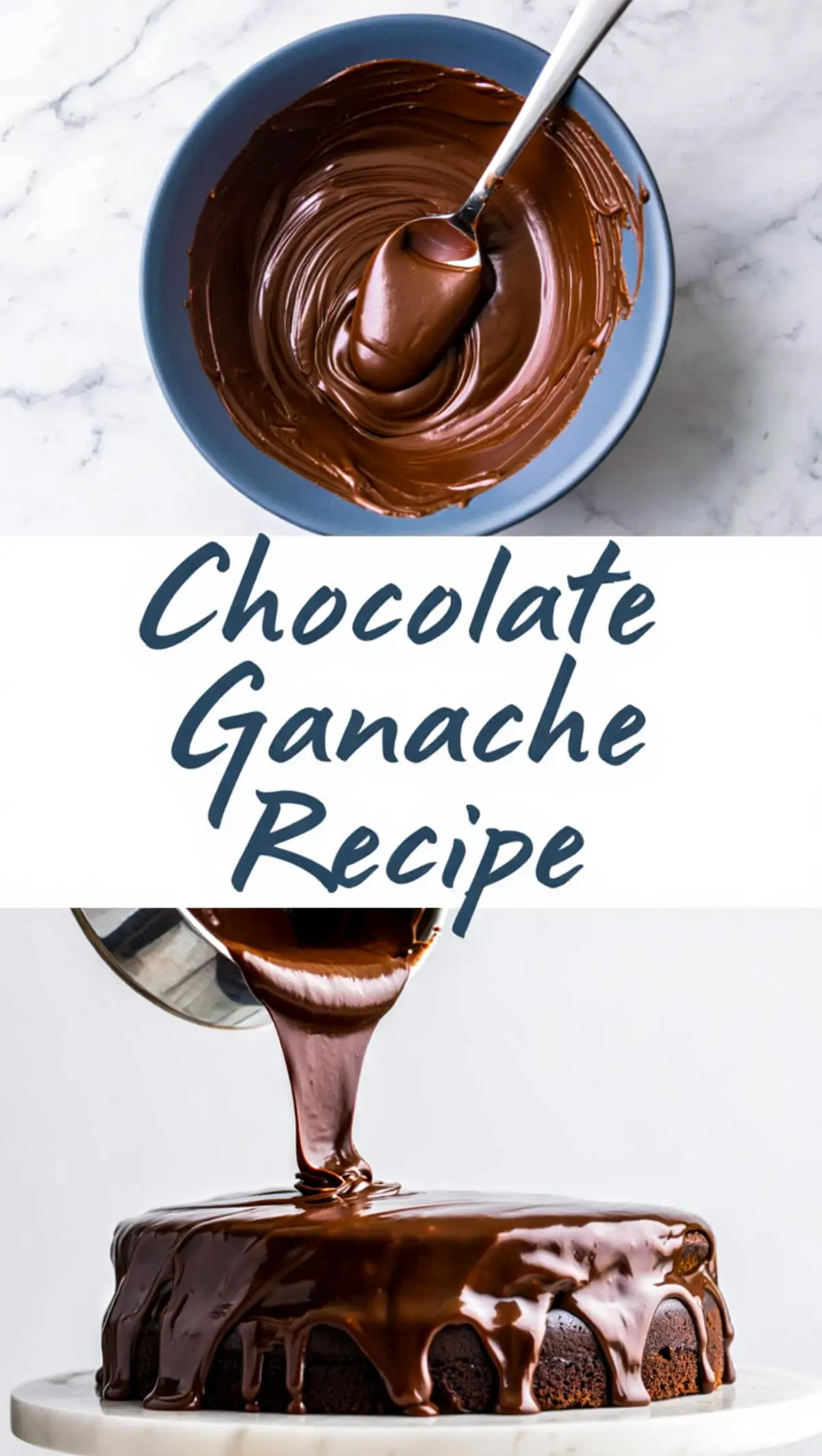 A collage showing a smooth bowl of chocolate ganache with a spoon on top and hot ganache being poured over a rich chocolate cake on the bottom, with “Chocolate Ganache Recipe” text in the center.
