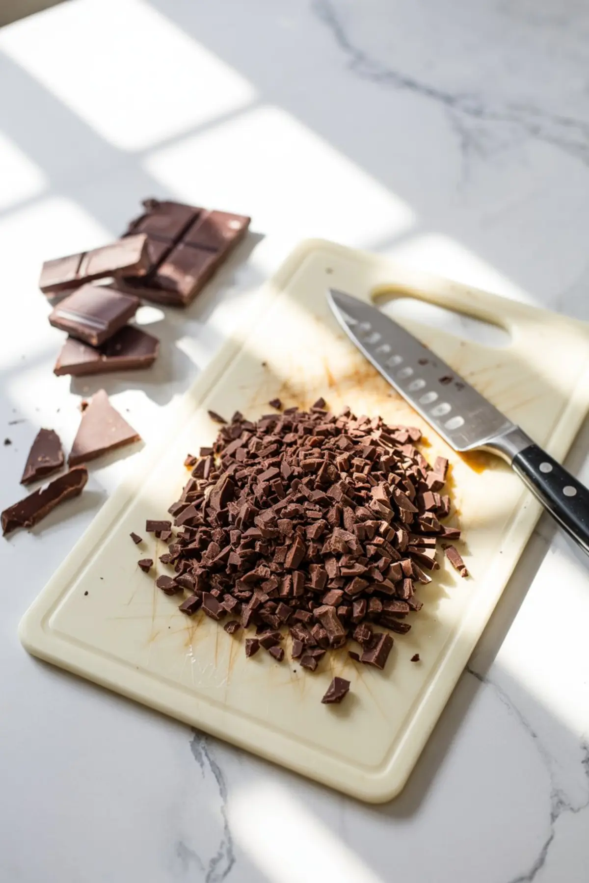 A pile of finely chopped dark chocolate sits on a cream cutting board beside a chef’s knife and broken chocolate chunks on a white marble surface.