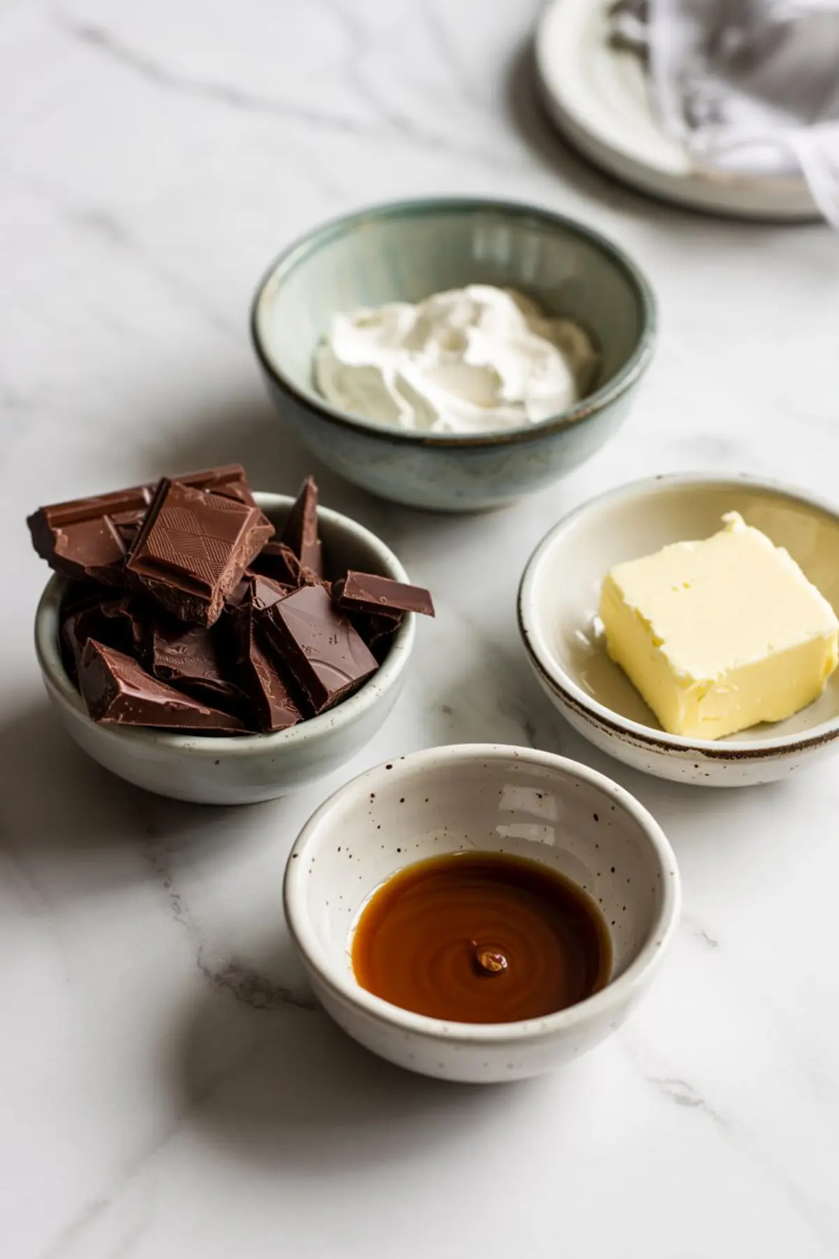 Four small bowls containing chopped chocolate, butter, whipped cream, and vanilla extract are arranged on a marble surface, showcasing chocolate ganache ingredients.