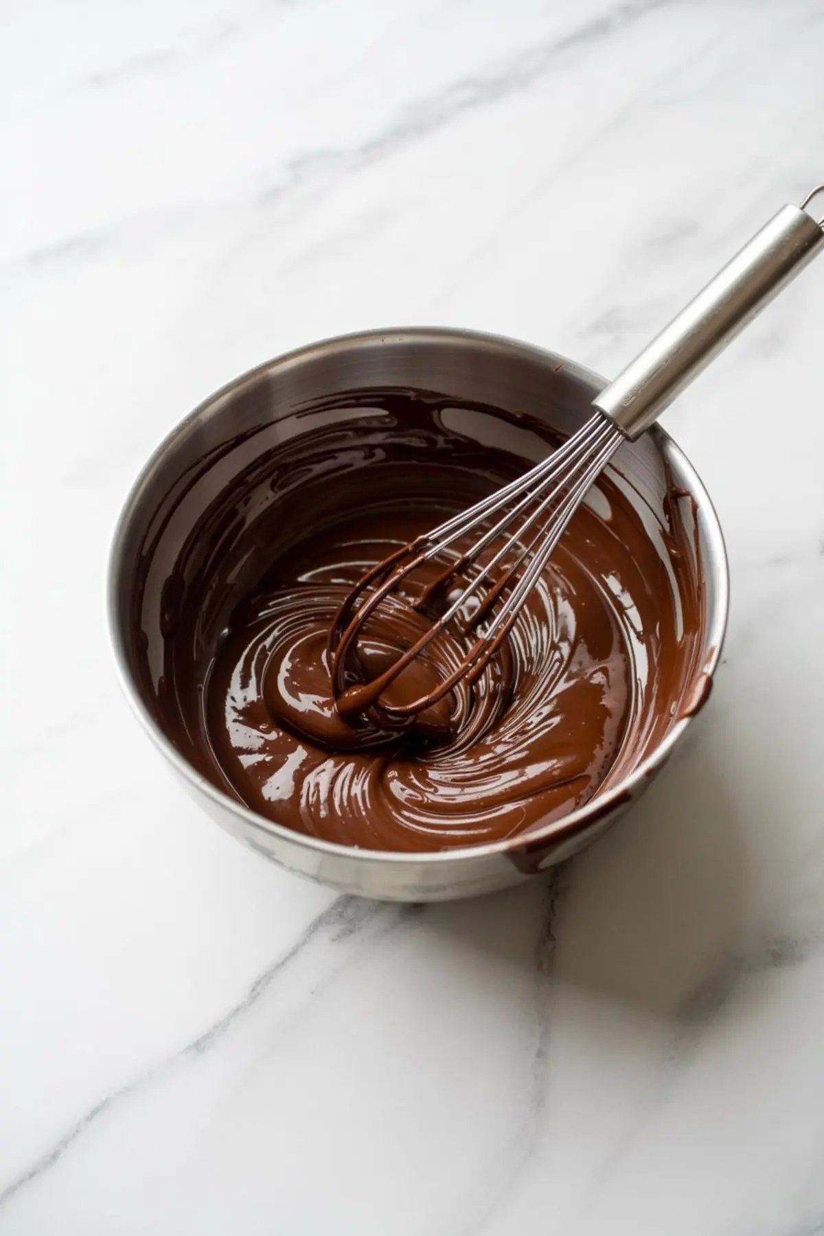 A stainless steel bowl filled with thick, swirled chocolate ganache and a metal whisk resting inside sits on a marble countertop.
