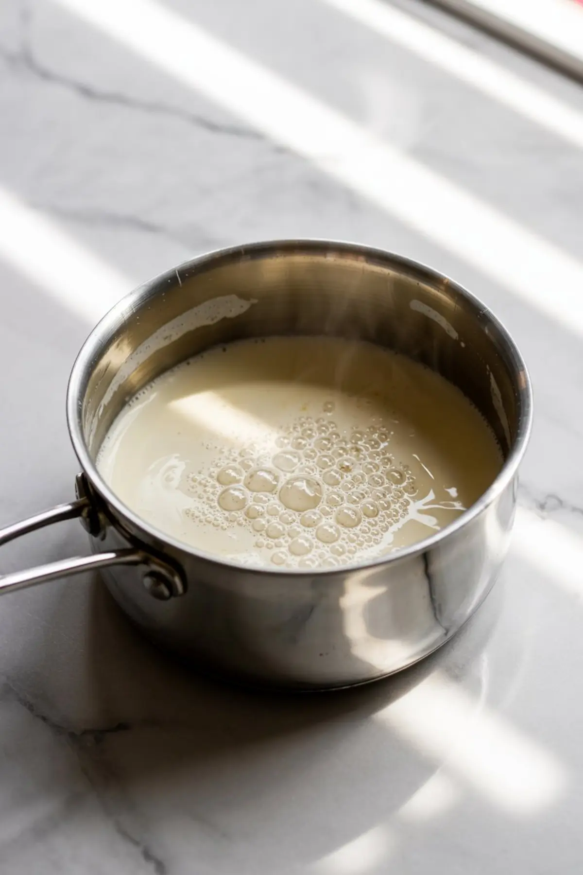 A saucepan of hot cream is lightly bubbling on the surface, sitting on a bright marble counter under natural light.