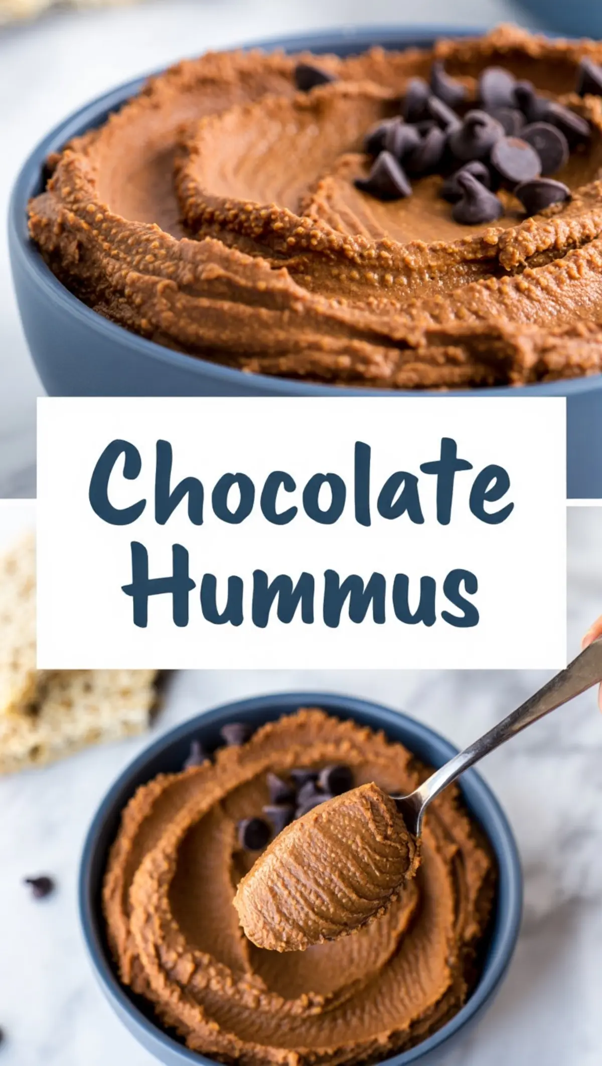 Three-photo collage showing chocolate hummus served in a blue bowl, garnished with chocolate chips, with a center label reading “Chocolate Hummus” in bold blue text.