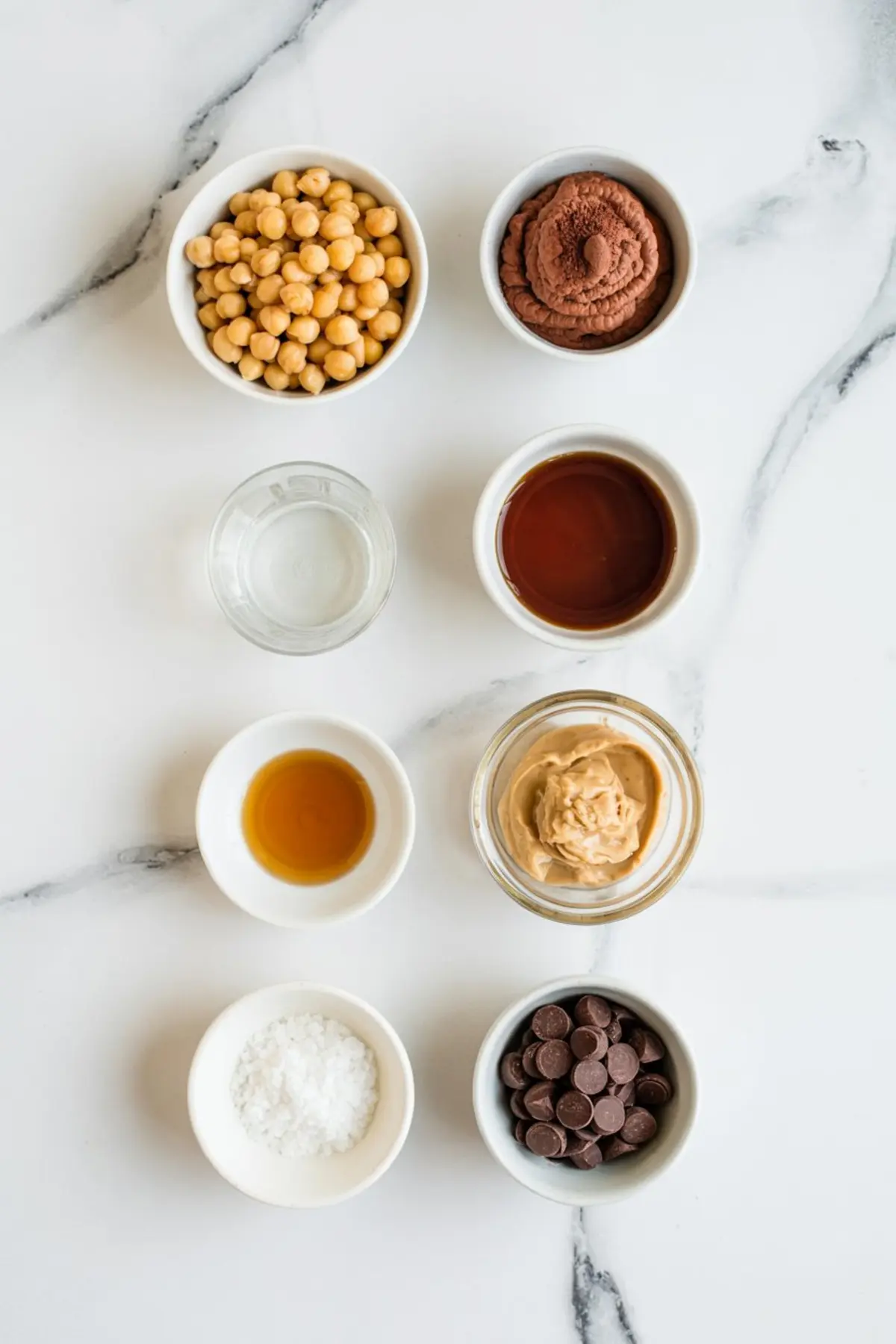 Flat lay of eight small bowls containing ingredients for chocolate hummus, including chickpeas, cocoa powder, maple syrup, vanilla extract, peanut butter, chocolate chips, salt, and water.