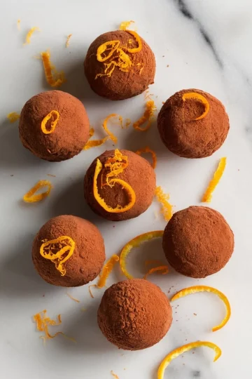 Cocoa-dusted bliss balls topped with orange zest curls, arranged on white marble with scattered citrus peel for a vibrant presentation.
