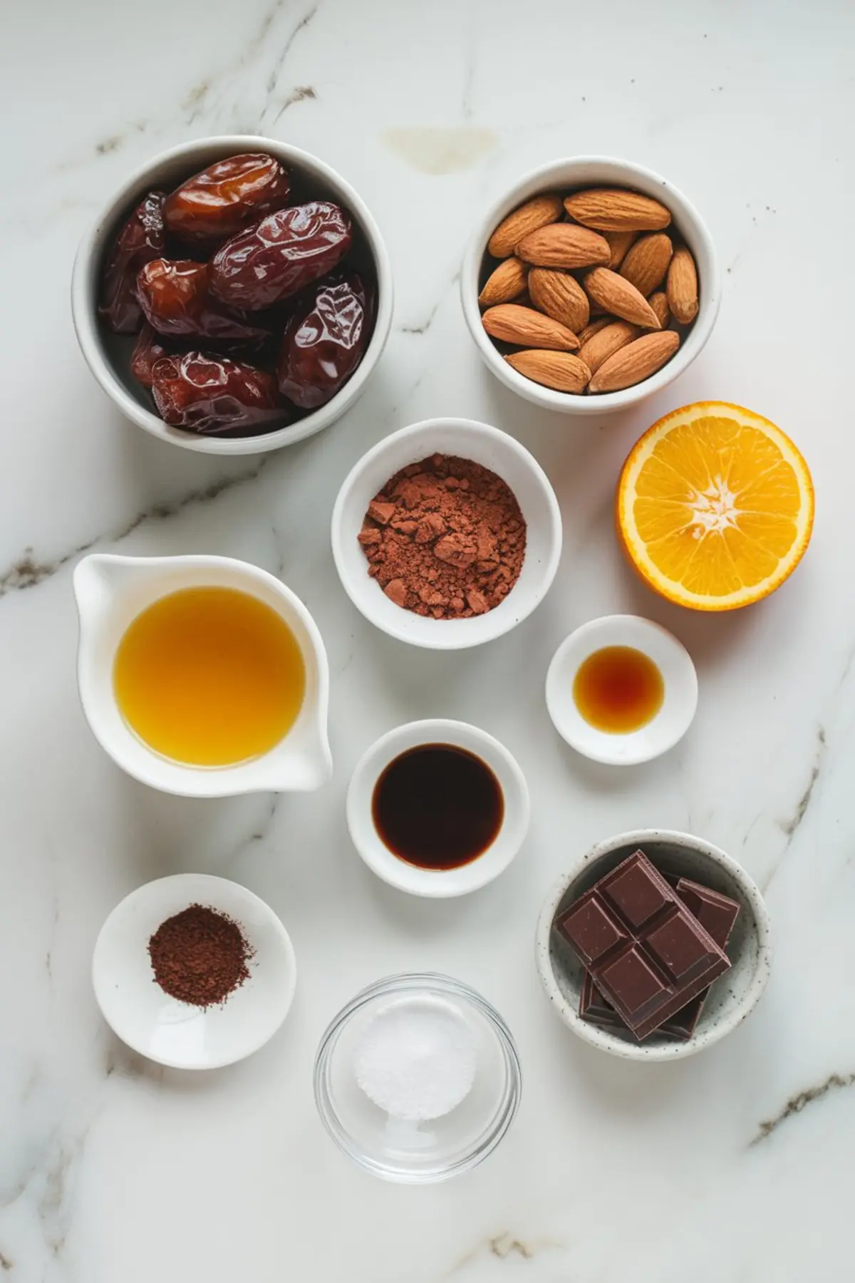 Overhead shot of chocolate orange bliss ball ingredients on a marble surface, including medjool dates, whole almonds, cocoa powder, orange, maple syrup, vanilla extract, almond extract, sea salt, dark chocolate chunks, espresso powder, and orange juice.