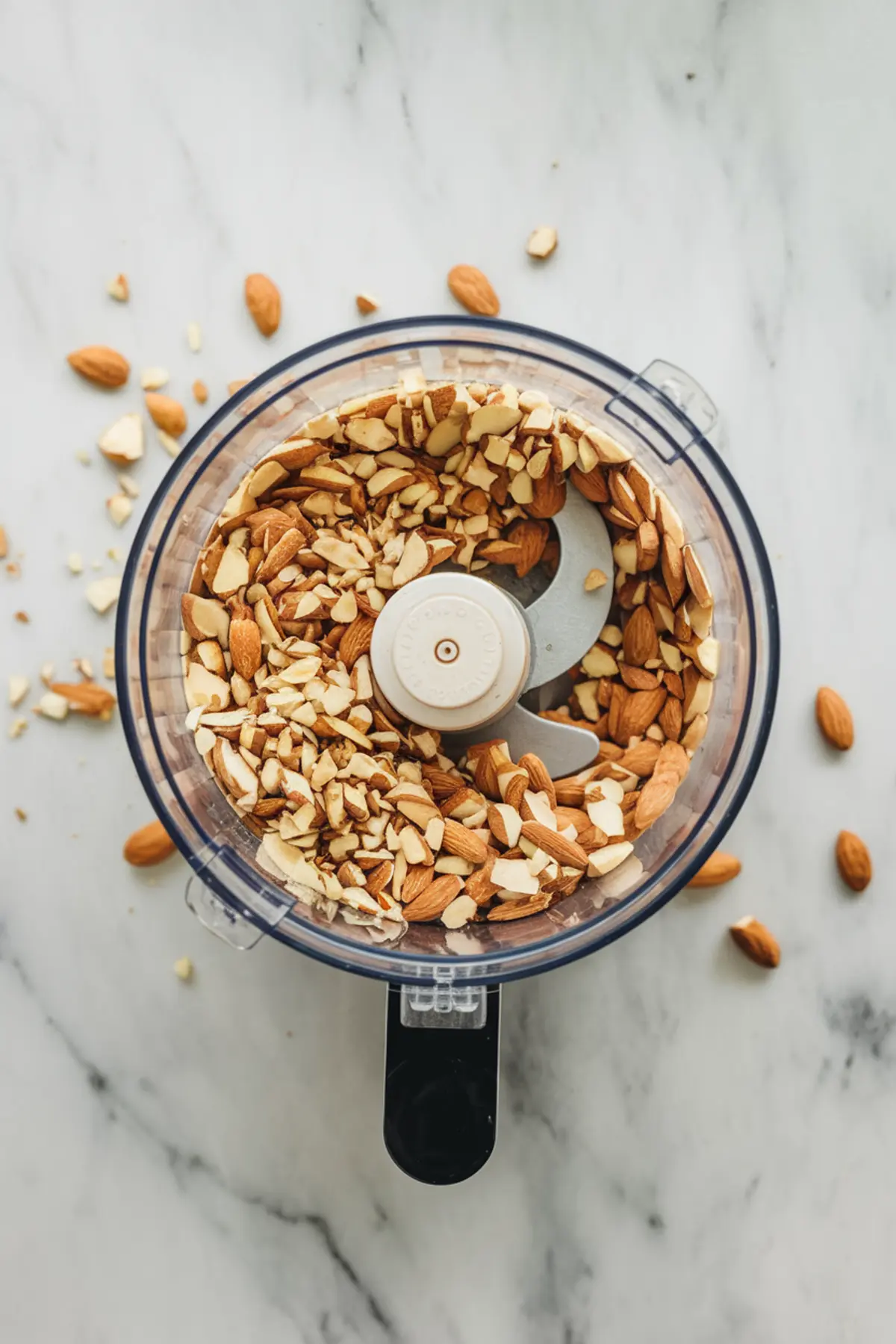 Chopped raw almonds inside a food processor, surrounded by scattered almond pieces on a marble surface, showing the start of a bliss ball recipe.