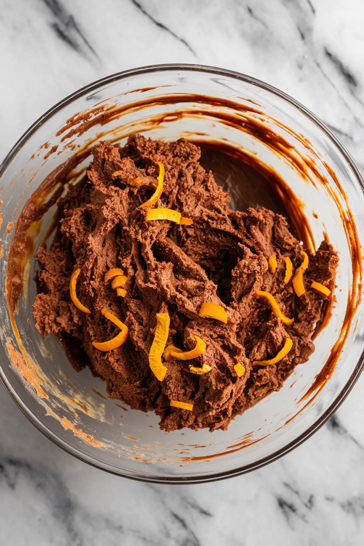 Thick chocolate dough mixed with orange zest in a glass bowl, featuring rich texture and swirls of citrus peel for a no-bake dessert preparation.