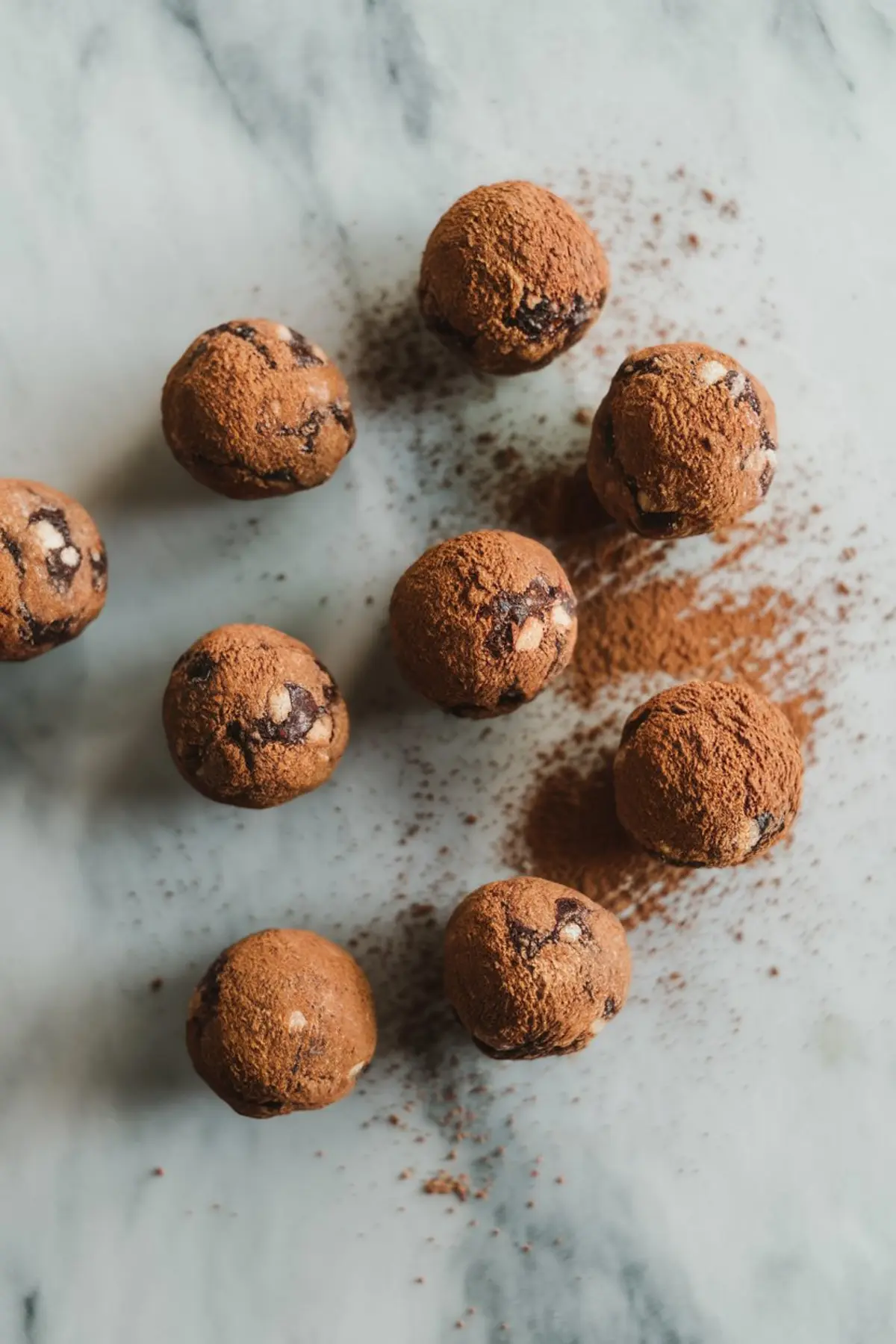 Chocolate orange bliss balls dusted with cocoa powder on a marble surface, with visible nut and chocolate chunks inside the round energy bites.