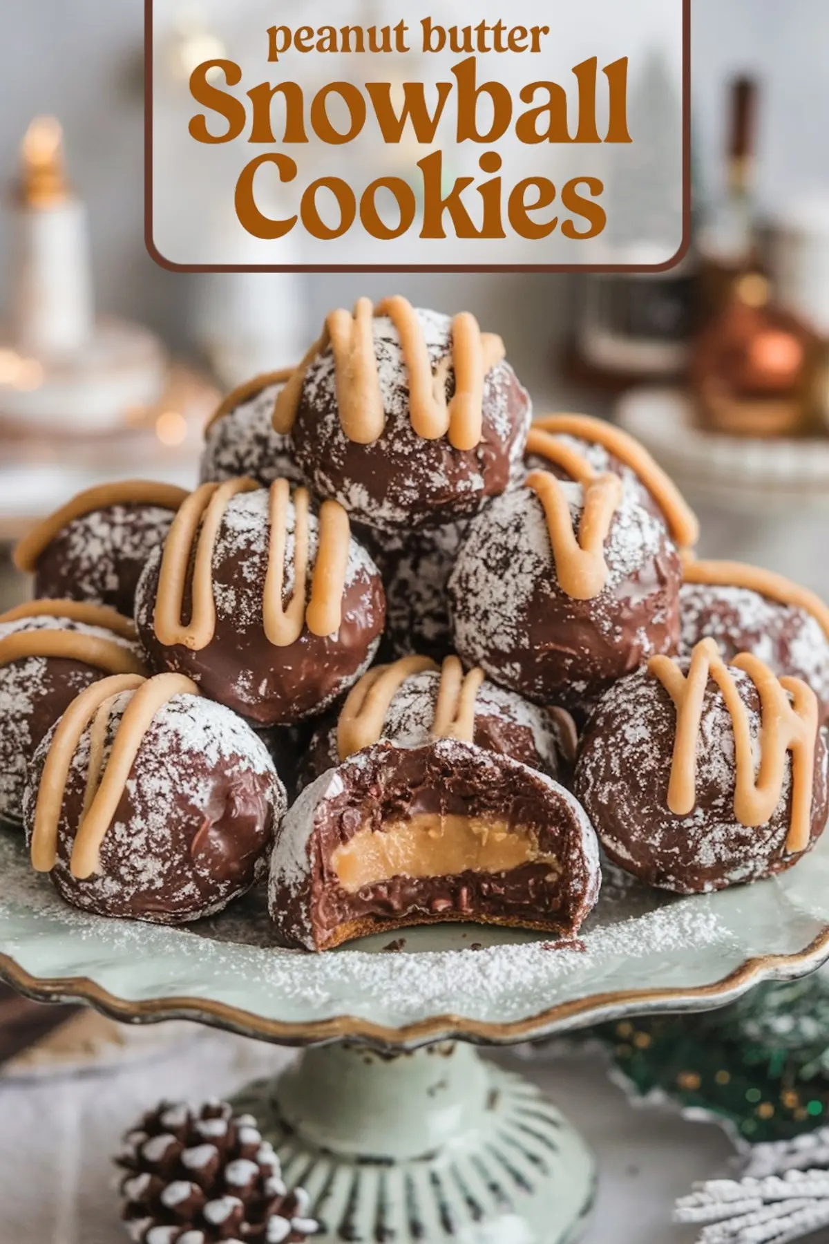 Chocolate Peanut Butter Snowballs with Caramel Drizzle
