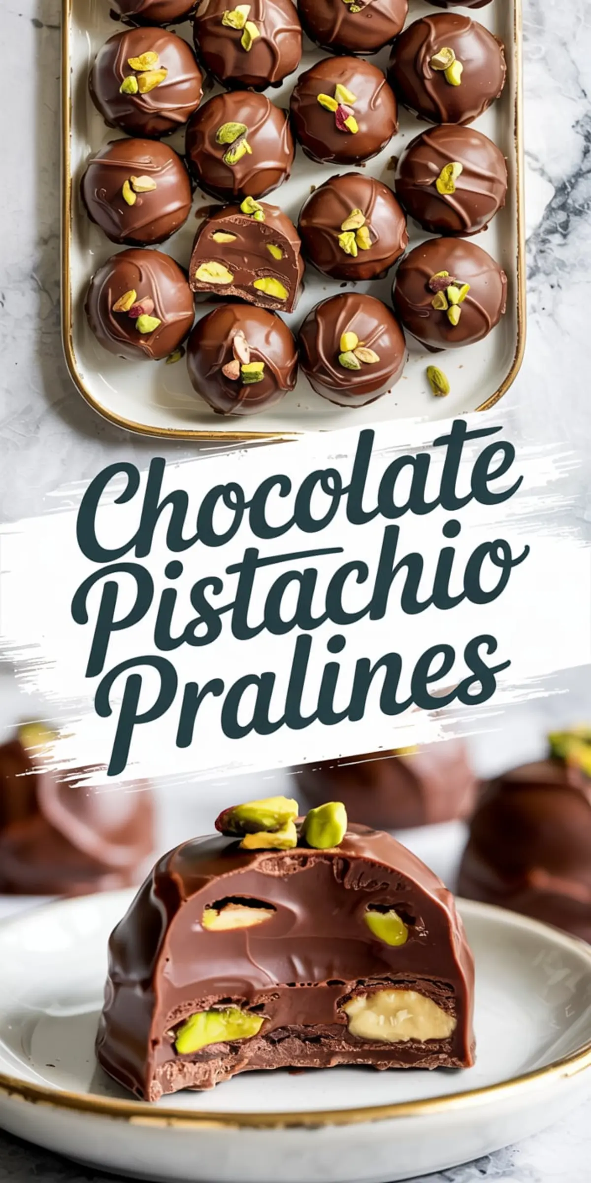 Collage image with a tray of pralines on top, bold text in the center reading “Chocolate Pistachio Pralines,” and a close-up of a halved praline showing whole pistachios inside a smooth chocolate shell.